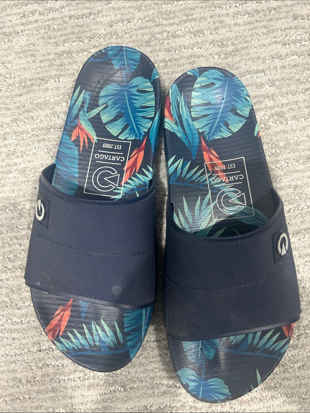 Olukai Men’s Navy Slide Sandals with Tropical Footbed - Picture 2 of 2